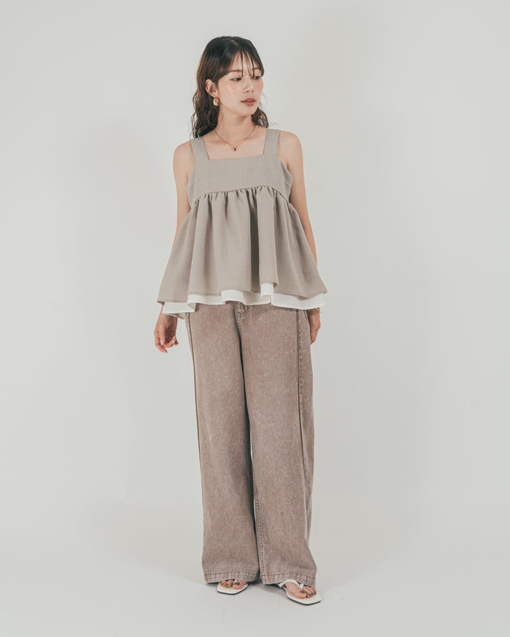 ［SET］スラブTweedバイカラーティアードキャミ + 10oz サイドタック リラックスデニムパンツ（2SET）