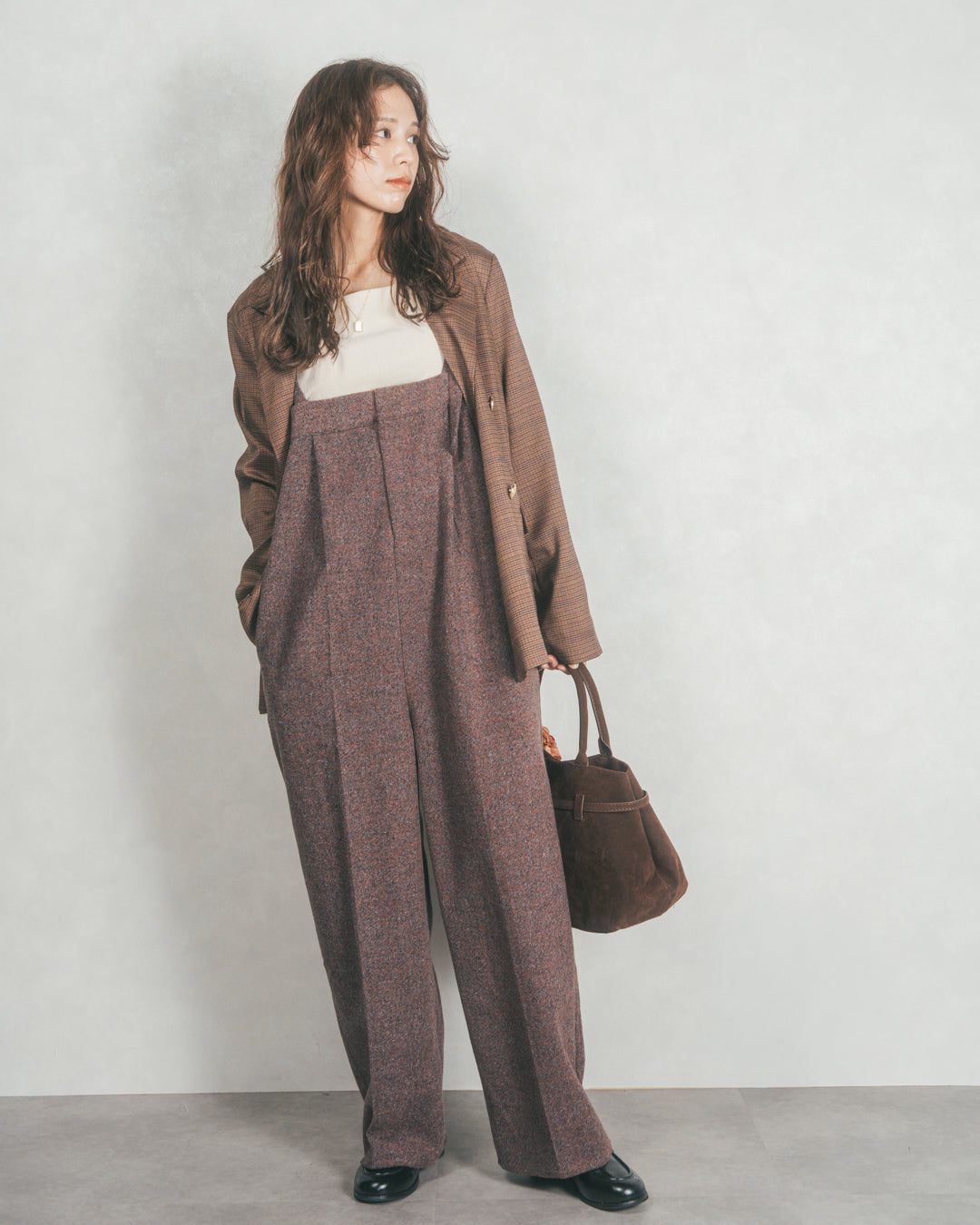 ［SET］Effortless チェックジャケット+Tweedベロアサロペット（2SET）