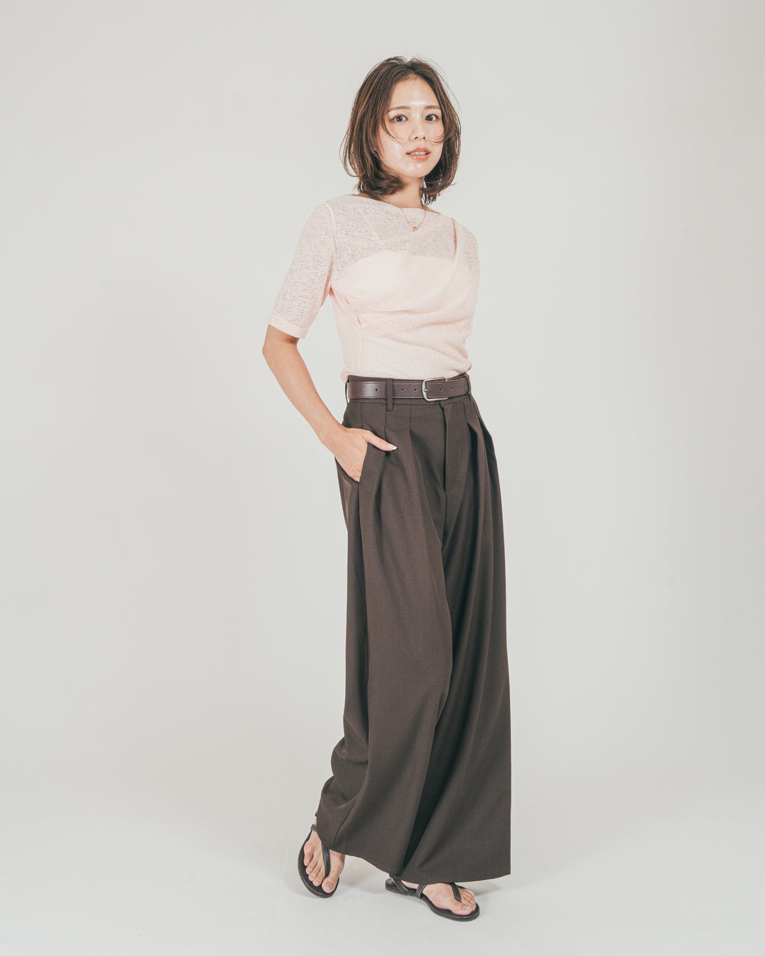 ［SET］カットレース ドレープTee + ダブルタック ハイウエストワイドパンツ（2SET）