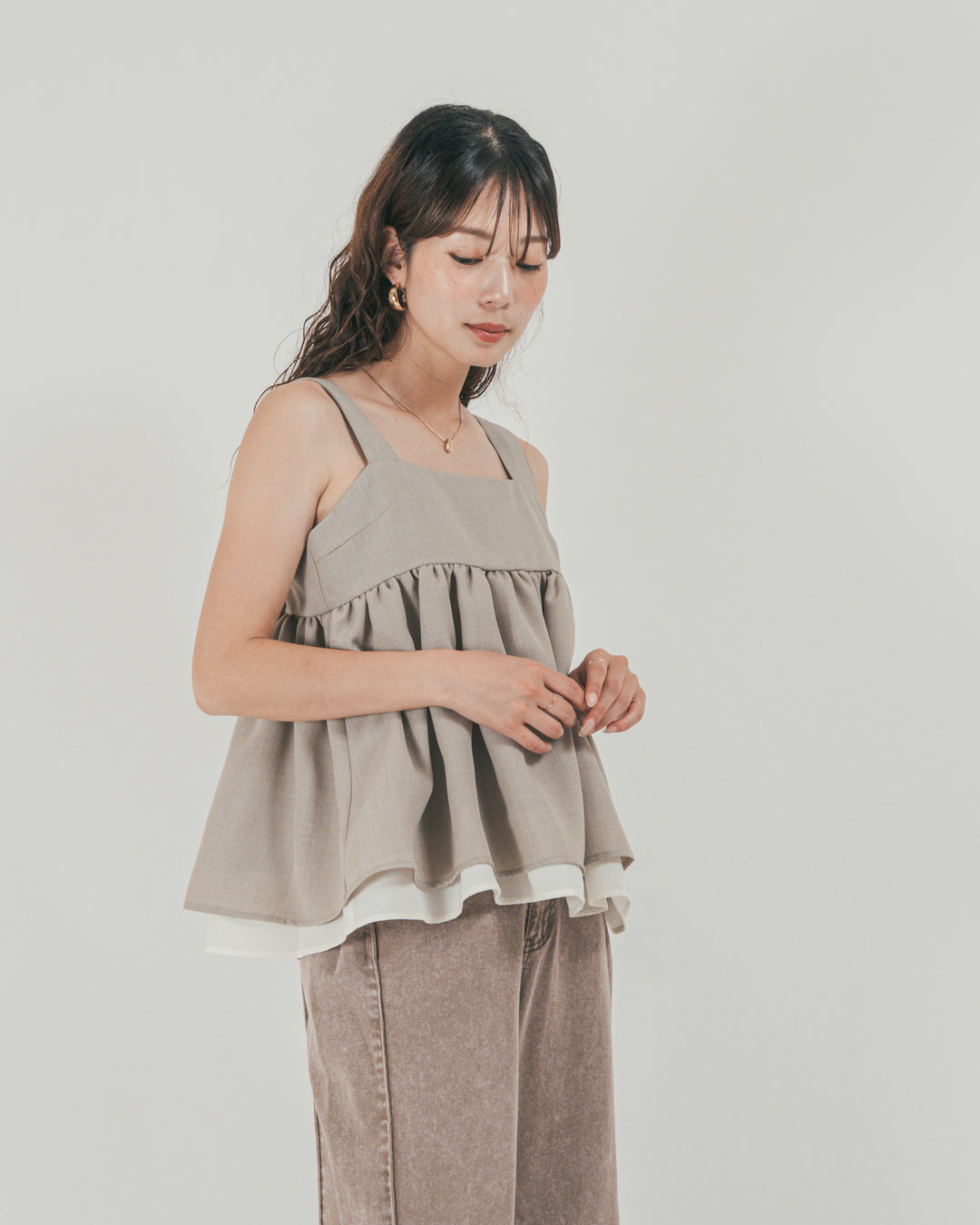 ［SET］スラブTweedバイカラーティアードキャミ + 10oz サイドタック リラックスデニムパンツ（2SET）