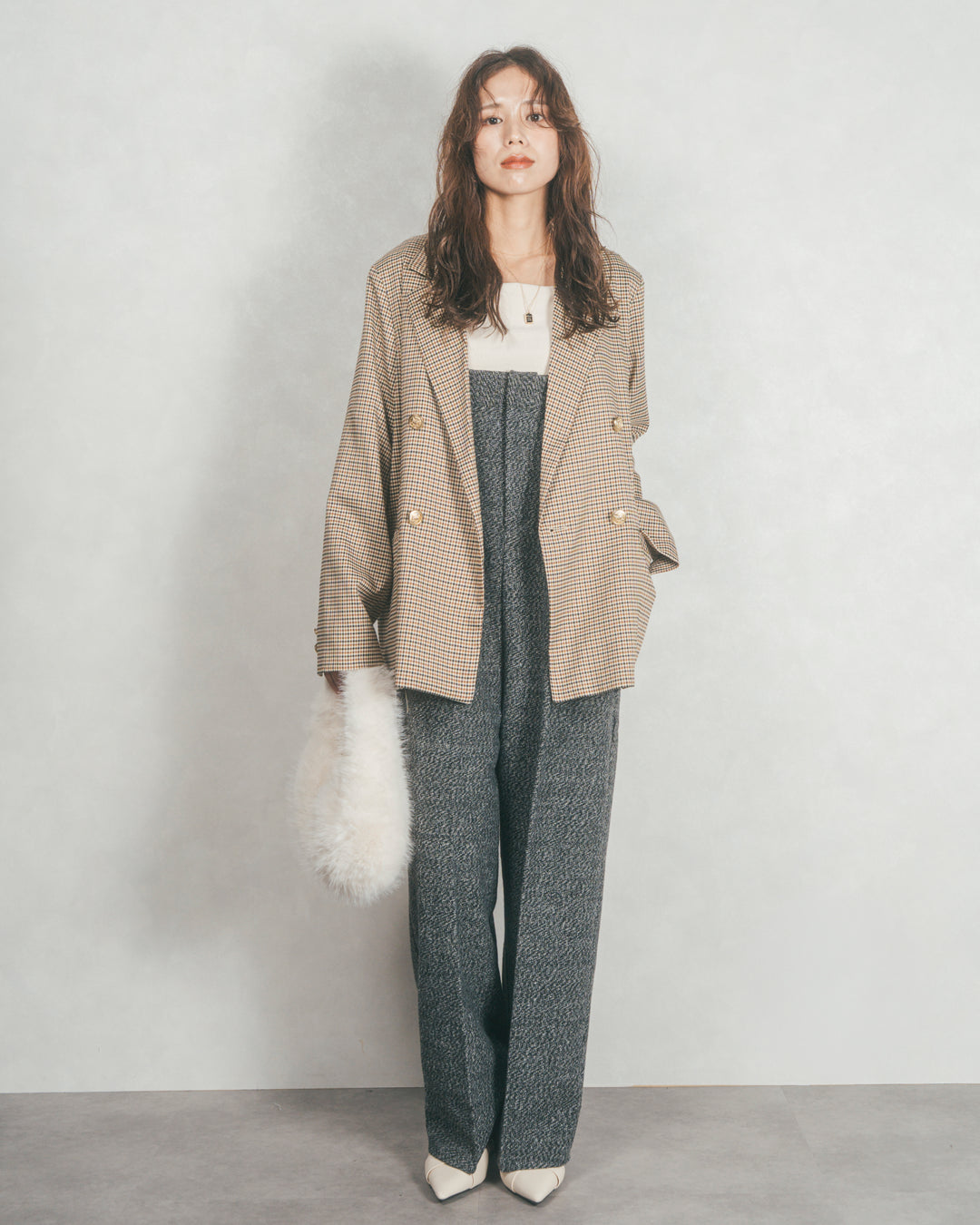 ［SET］Effortless チェックジャケット+Tweedベロアサロペット（2SET）