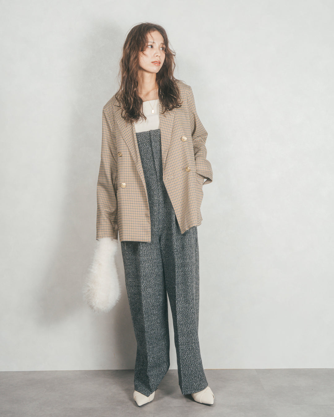 ［SET］Effortless チェックジャケット+Tweedベロアサロペット（2SET）