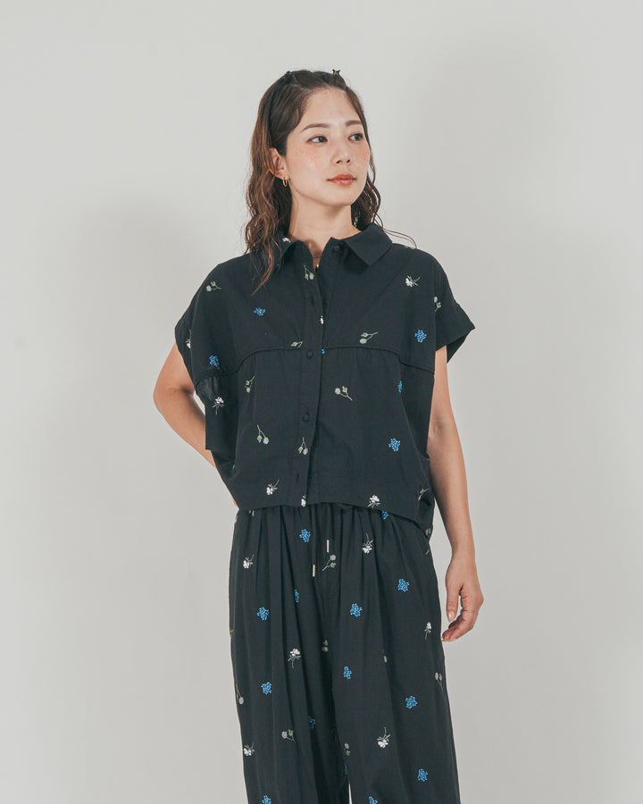 ［SET］Flower刺繍コクーンシャツ + Flower刺繍リラックスパンツ（2SET）