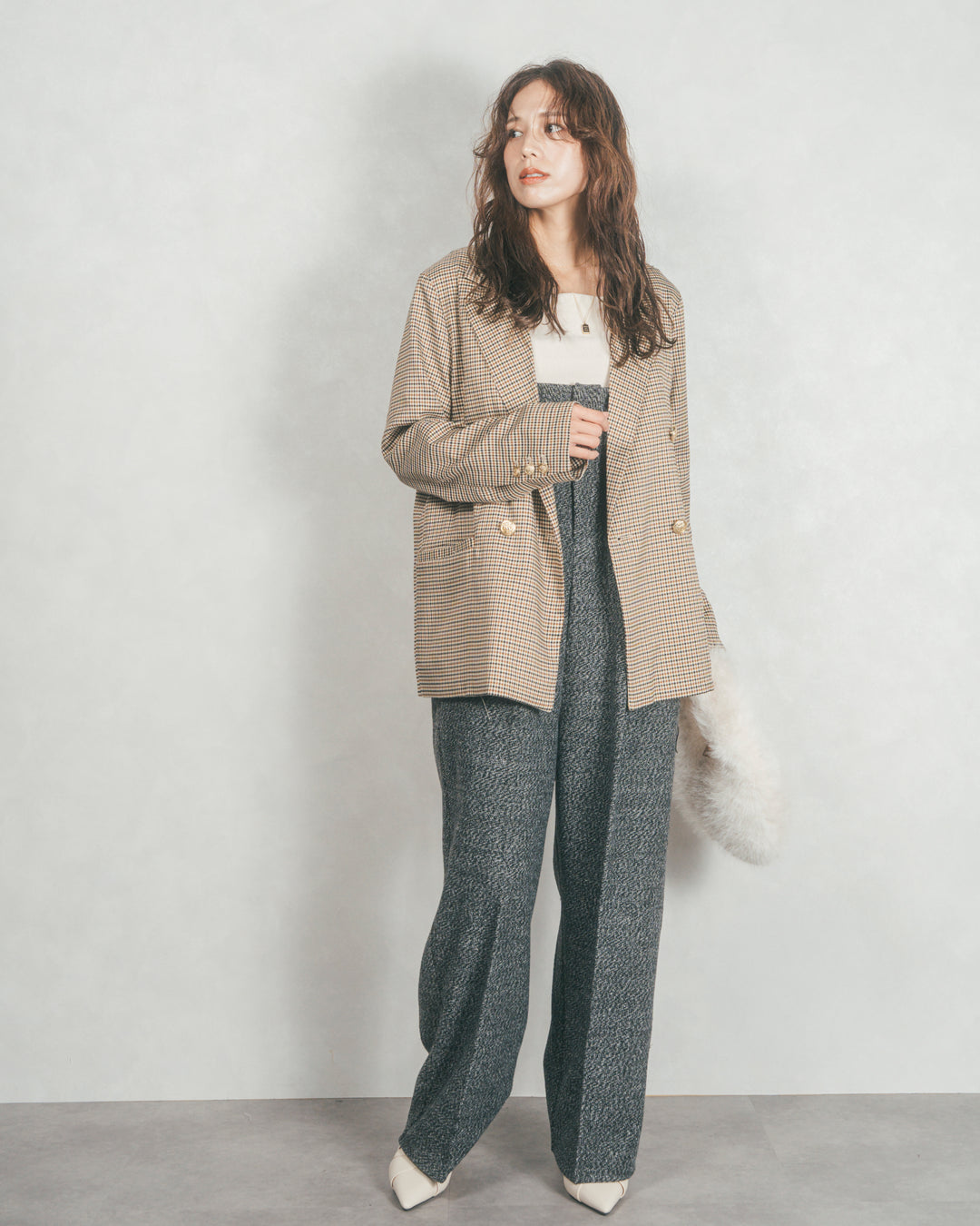 ［SET］Effortless チェックジャケット+Tweedベロアサロペット（2SET）