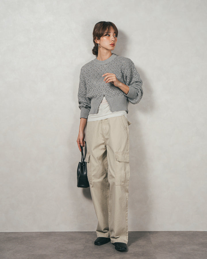 ［SET］透かし編みフロントスリットニット+ピグメントツイルカーゴパンツ（2SET）
