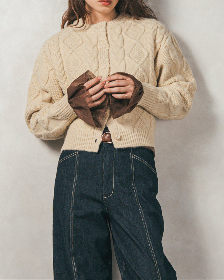 ［SET］ケーブルKnitクルーカーディガン+チュールスリーブRibトップス+センターシーム リラックスカラーデニム（3SET）