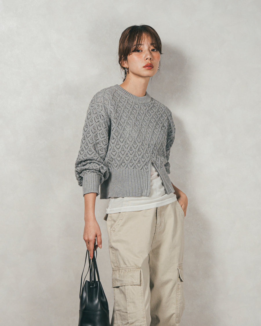 透かし編みフロントスリットニット（GREY）