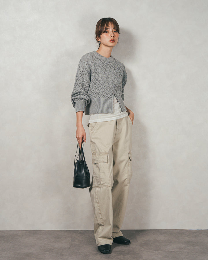 ［SET］透かし編みフロントスリットニット+ピグメントツイルカーゴパンツ（2SET）