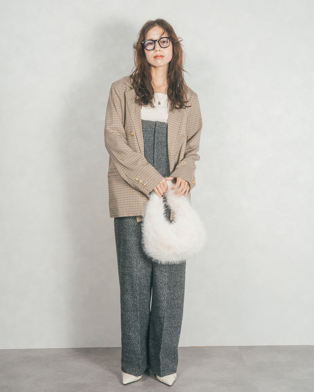 ［SET］Effortless チェックジャケット+Tweedベロアサロペット（2SET）