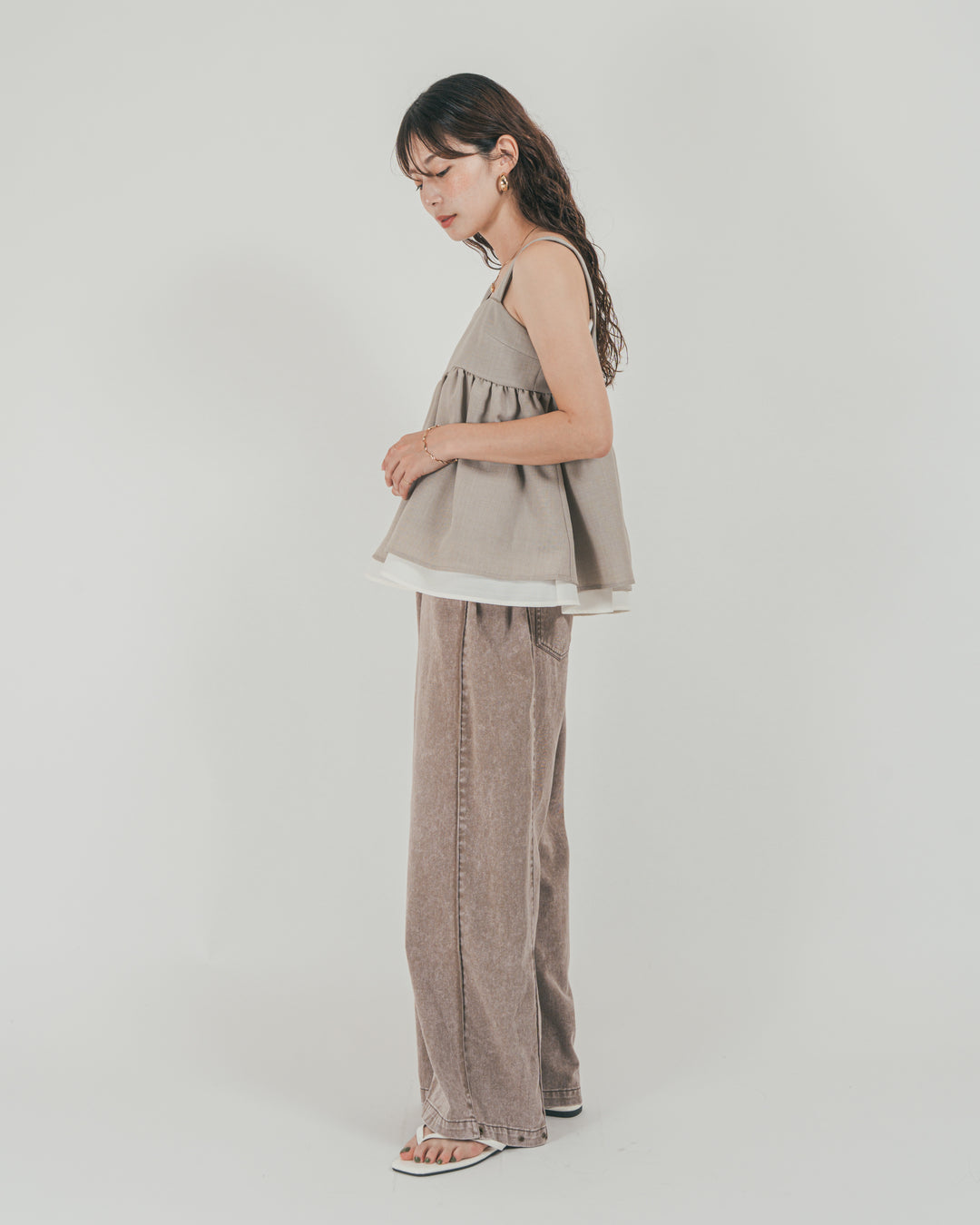 ［SET］スラブTweedバイカラーティアードキャミ + 10oz サイドタック リラックスデニムパンツ（2SET）