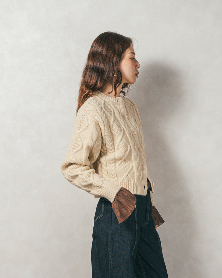 ［SET］ケーブルKnitクルーカーディガン+チュールスリーブRibトップス+センターシーム リラックスカラーデニム（3SET）