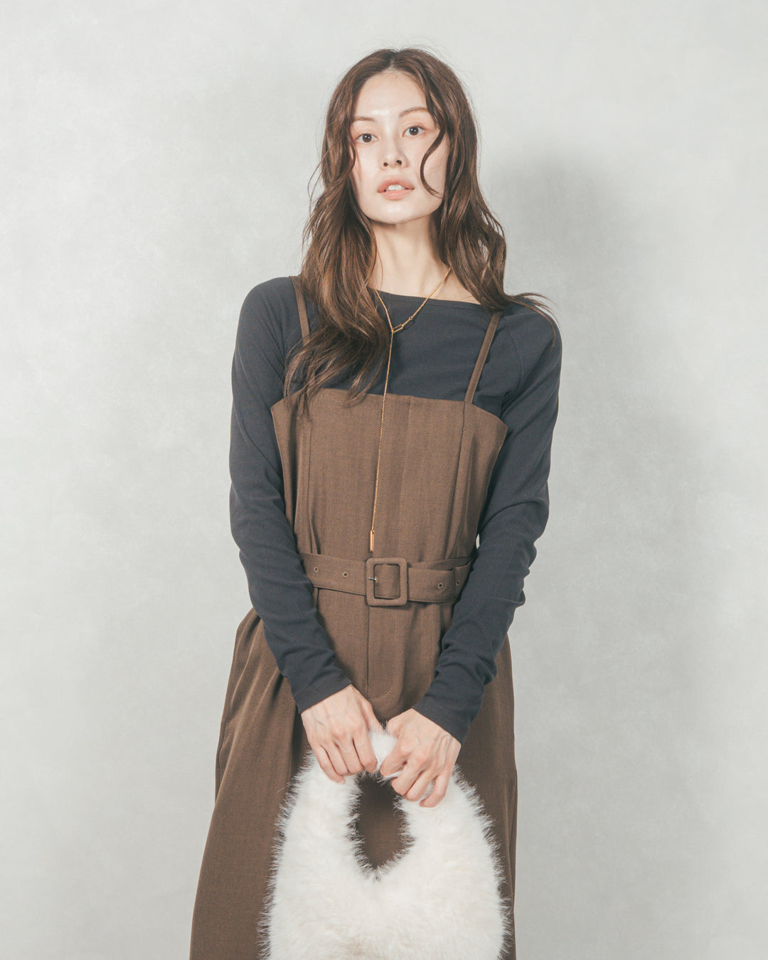 ウエストベルト付 Twillキャミサロペ (BROWN)