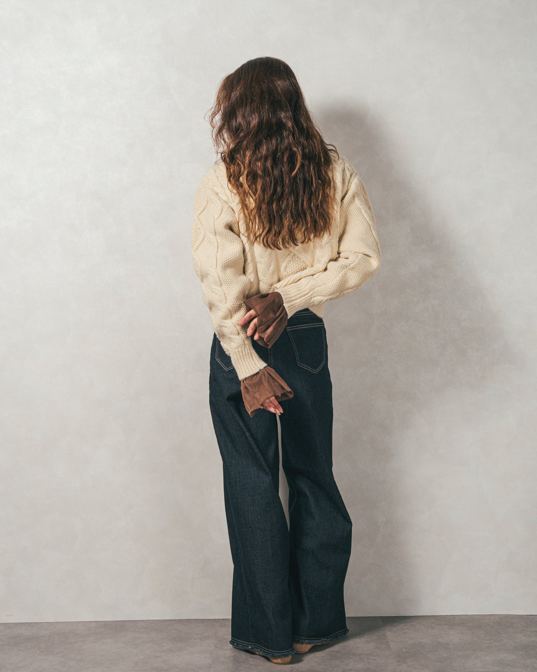 ［SET］ケーブルKnitクルーカーディガン+チュールスリーブRibトップス+センターシーム リラックスカラーデニム（3SET）