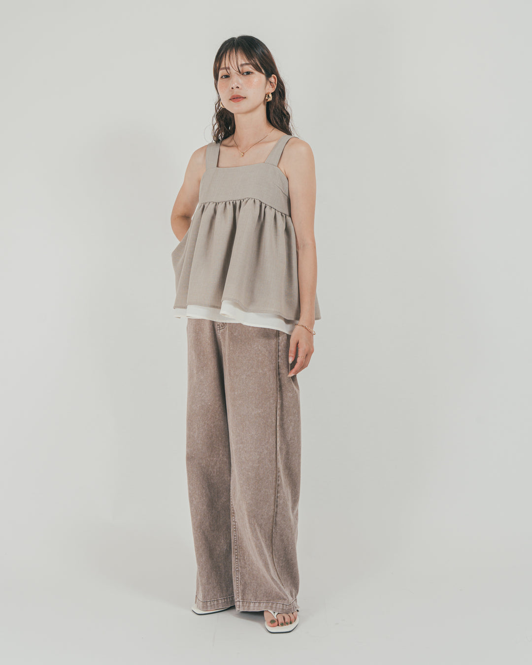 ［SET］スラブTweedバイカラーティアードキャミ + 10oz サイドタック リラックスデニムパンツ（2SET）
