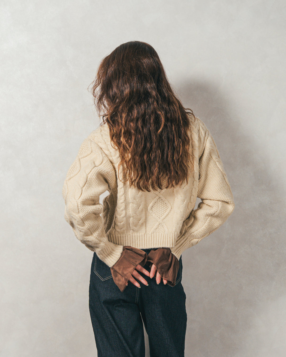 ［SET］ケーブルKnitクルーカーディガン+チュールスリーブRibトップス+センターシーム リラックスカラーデニム（3SET）