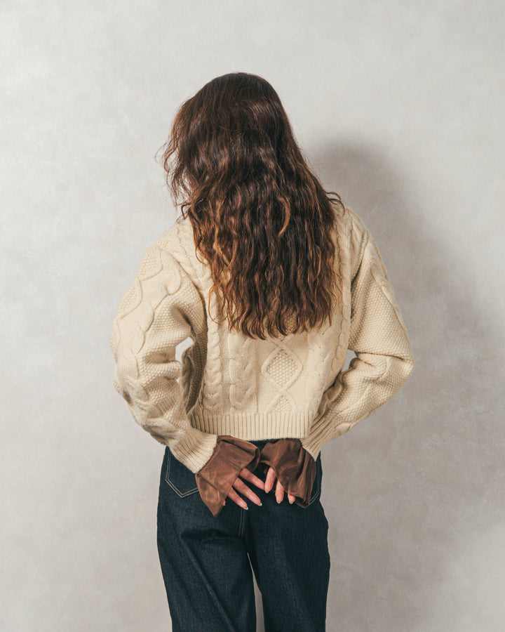 ［SET］ケーブルKnitクルーカーディガン+チュールスリーブRibトップス+センターシーム リラックスカラーデニム（3SET）