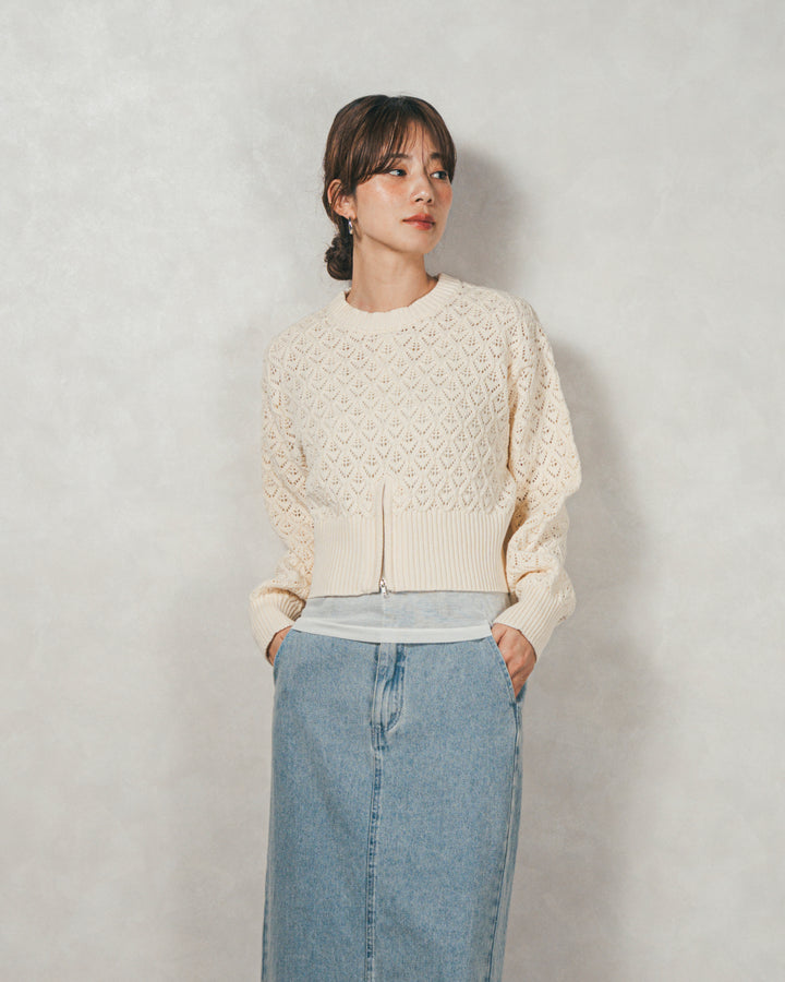 ［SET］透かし編みフロントスリットニット+フロントスリット Iラインデニムスカート（2SET）