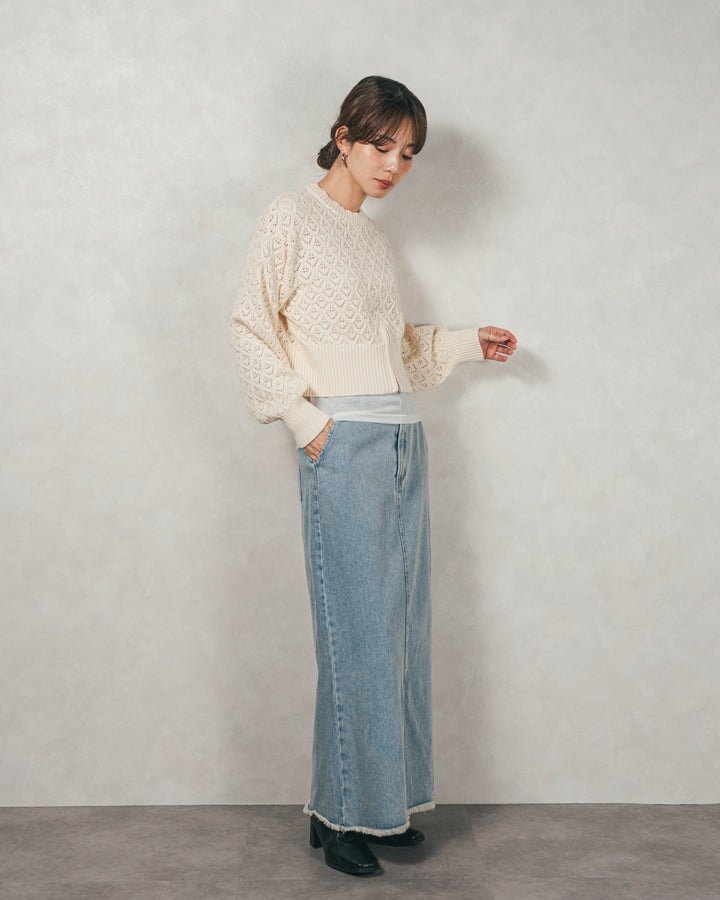 ［SET］透かし編みフロントスリットニット+フロントスリット Iラインデニムスカート（2SET）