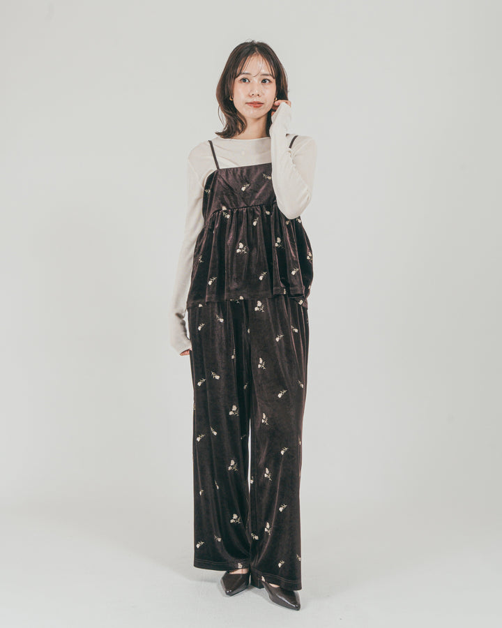 ［SET］Flower刺繍 ベロアペプラムキャミ + Flower刺繍 ベロアパンツ（2SET）