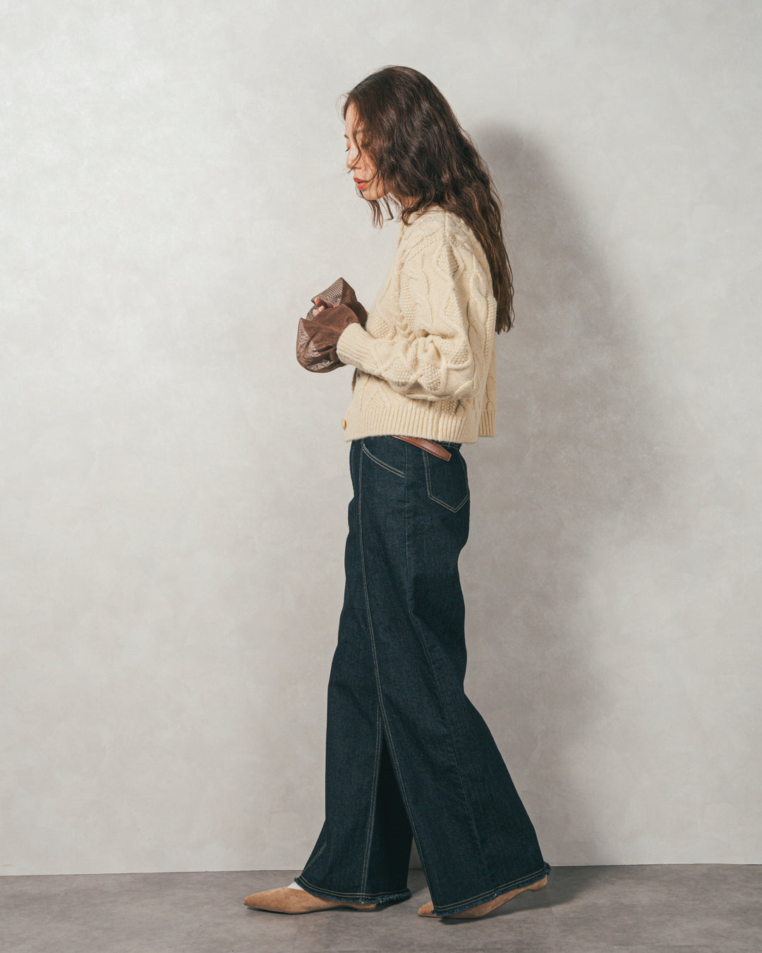 ［SET］ケーブルKnitクルーカーディガン+チュールスリーブRibトップス+センターシーム リラックスカラーデニム（3SET）