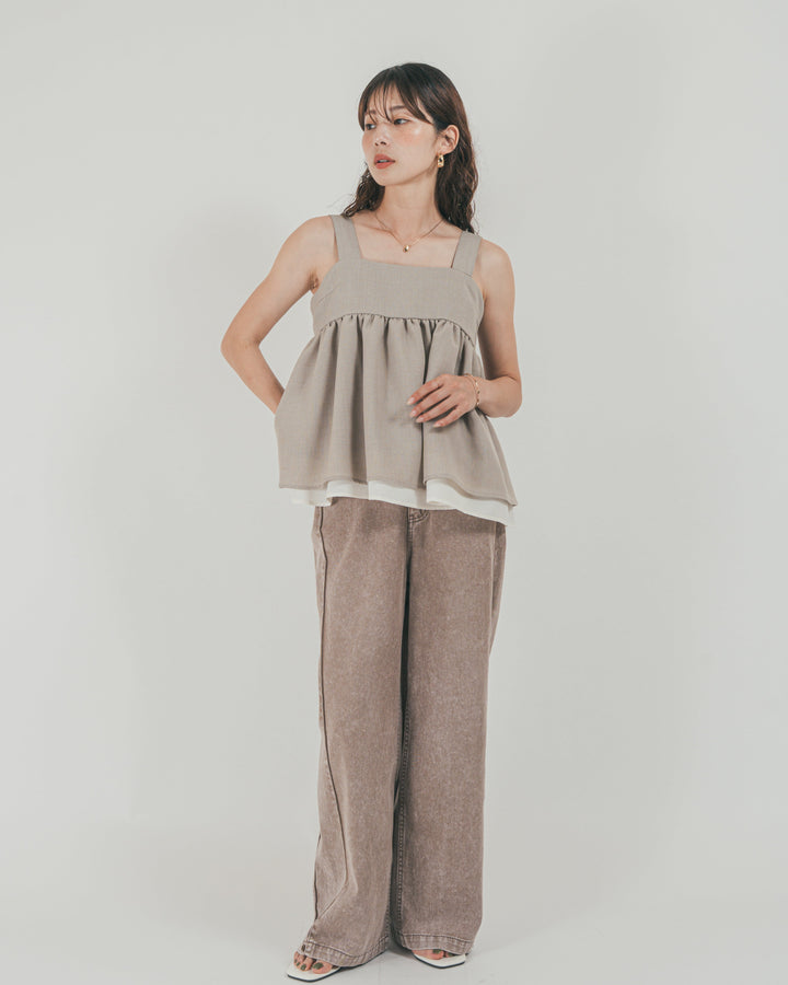 ［SET］スラブTweedバイカラーティアードキャミ + 10oz サイドタック リラックスデニムパンツ（2SET）