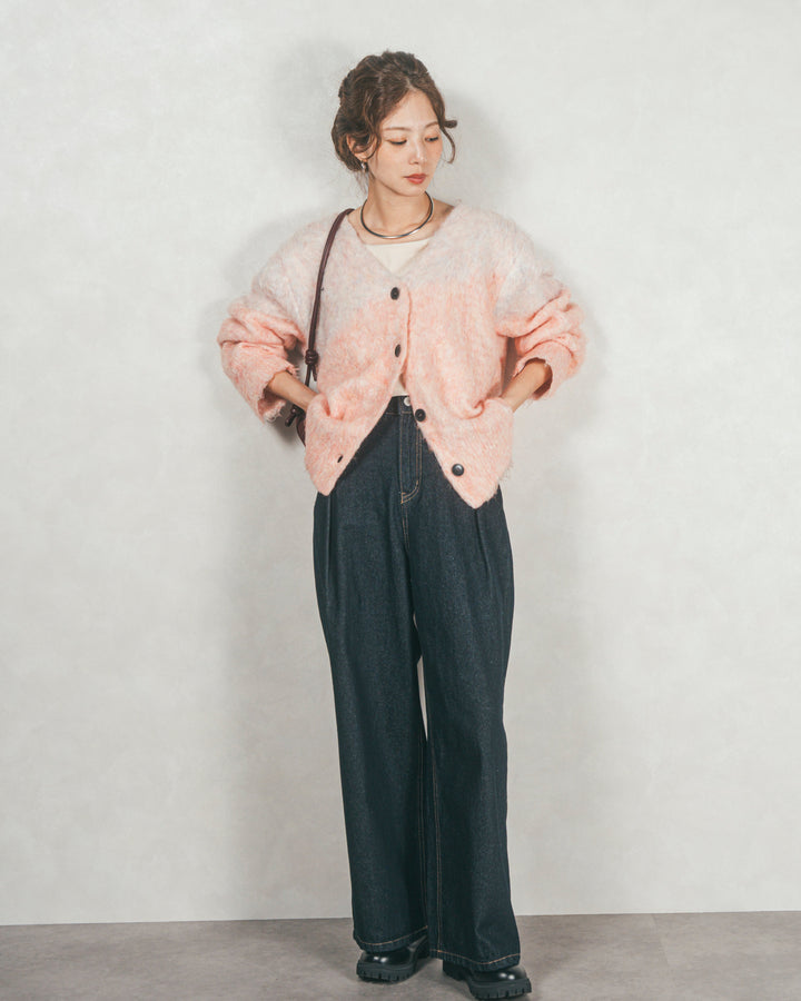 ［SET］Airyフェザー ニットカーディガン+ワイドTuckイージーデニム