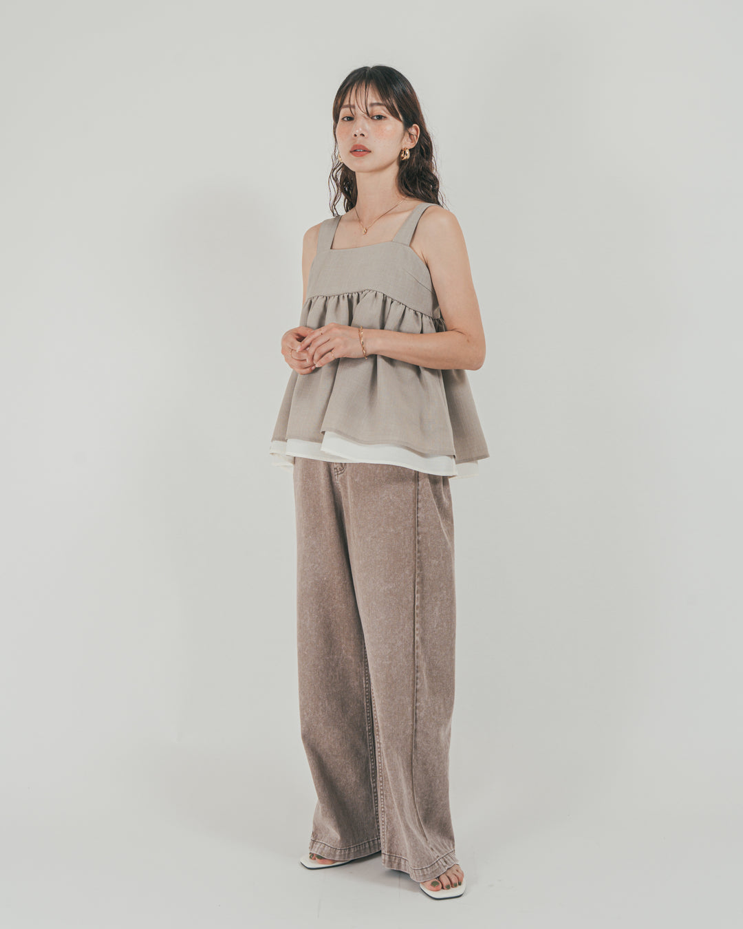 ［SET］スラブTweedバイカラーティアードキャミ + 10oz サイドタック リラックスデニムパンツ（2SET）