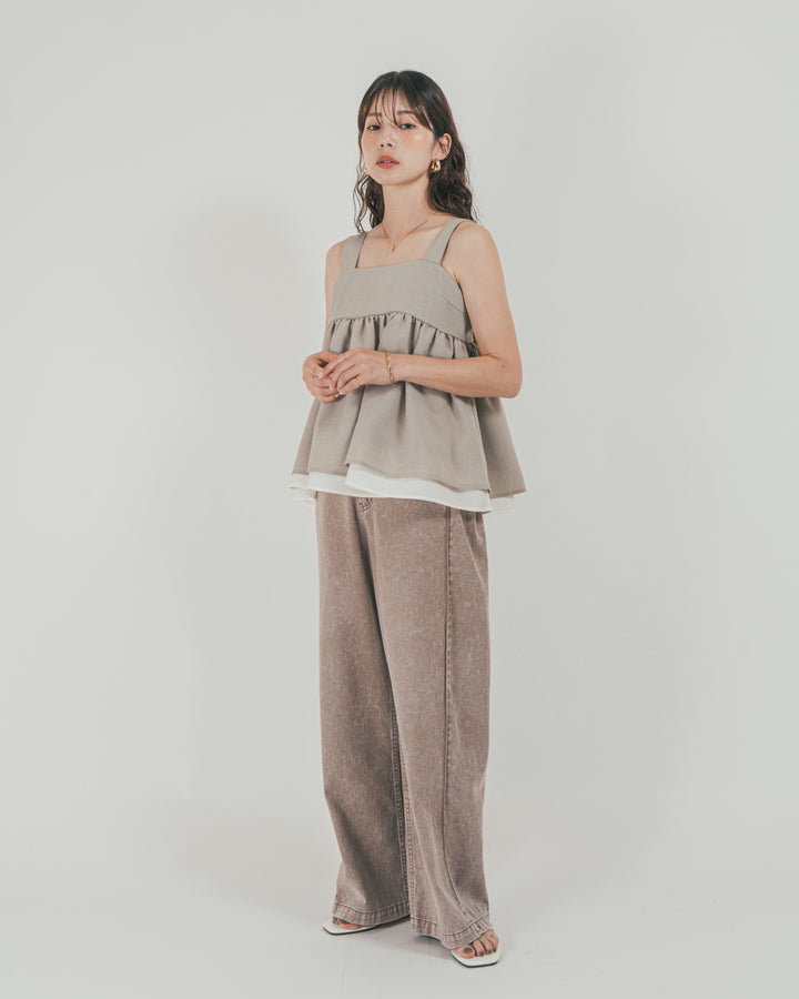 ［SET］スラブTweedバイカラーティアードキャミ + 10oz サイドタック リラックスデニムパンツ（2SET）