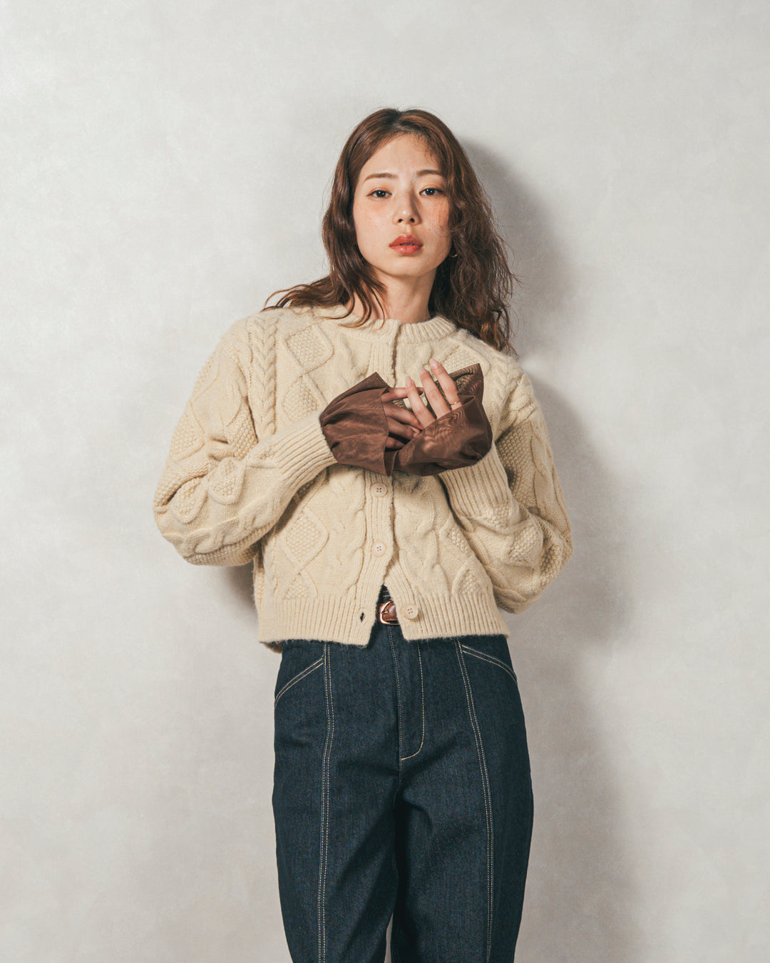 ［SET］ケーブルKnitクルーカーディガン+チュールスリーブRibトップス+センターシーム リラックスカラーデニム（3SET）