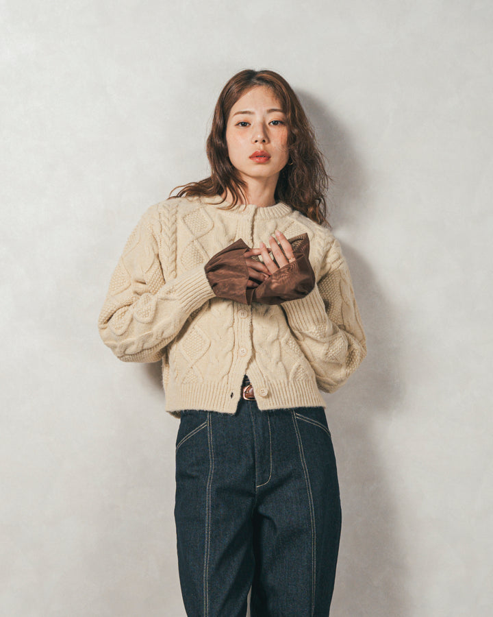 ［SET］ケーブルKnitクルーカーディガン+チュールスリーブRibトップス+センターシーム リラックスカラーデニム（3SET）