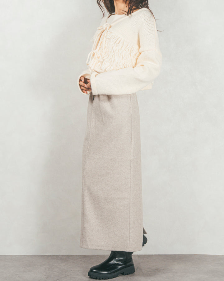 ［SET］ループ編みフリンジカーディガン+ワイドTuckイージーデニム（2SET）