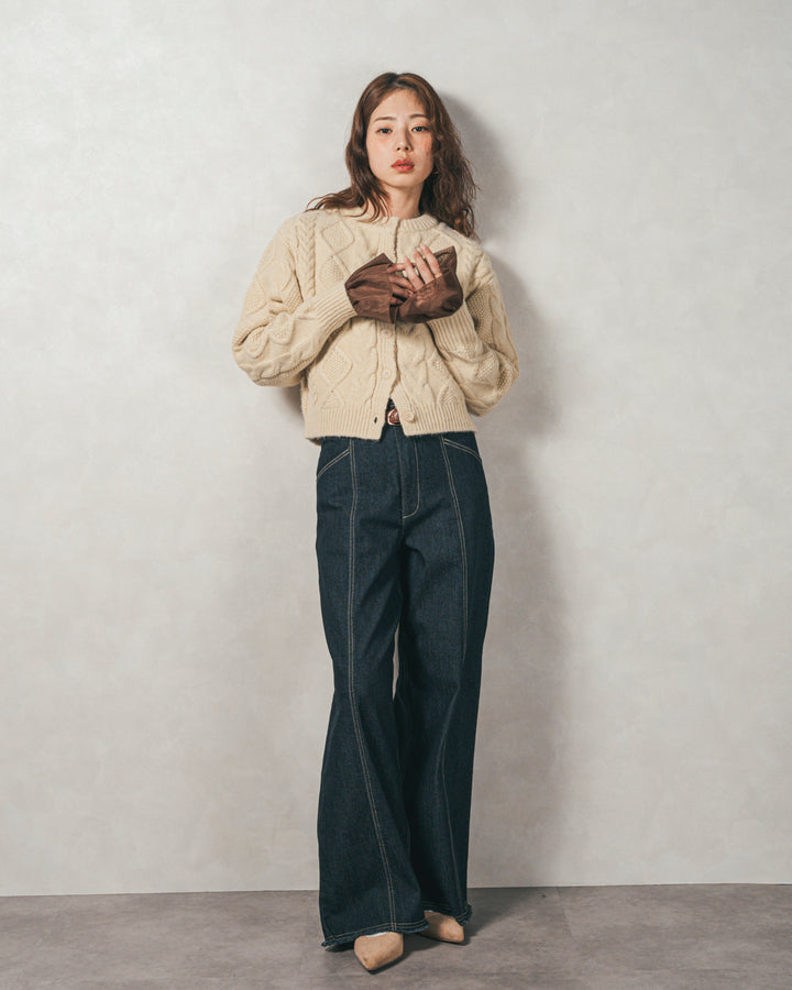 ［SET］ケーブルKnitクルーカーディガン+チュールスリーブRibトップス+センターシーム リラックスカラーデニム（3SET）
