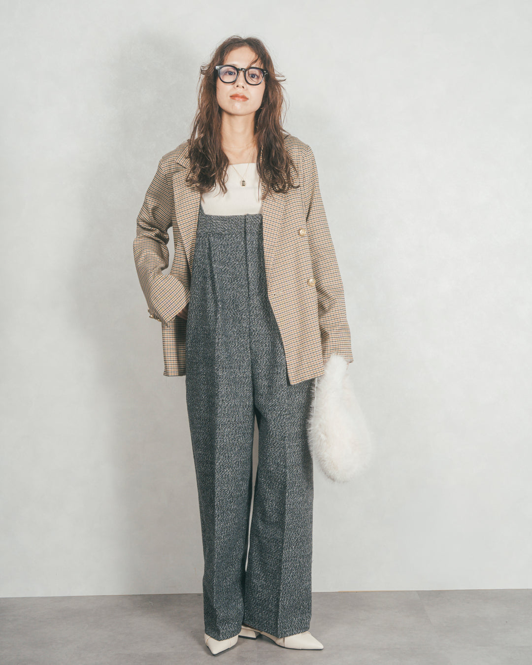 ［SET］Effortless チェックジャケット+Tweedベロアサロペット（2SET）