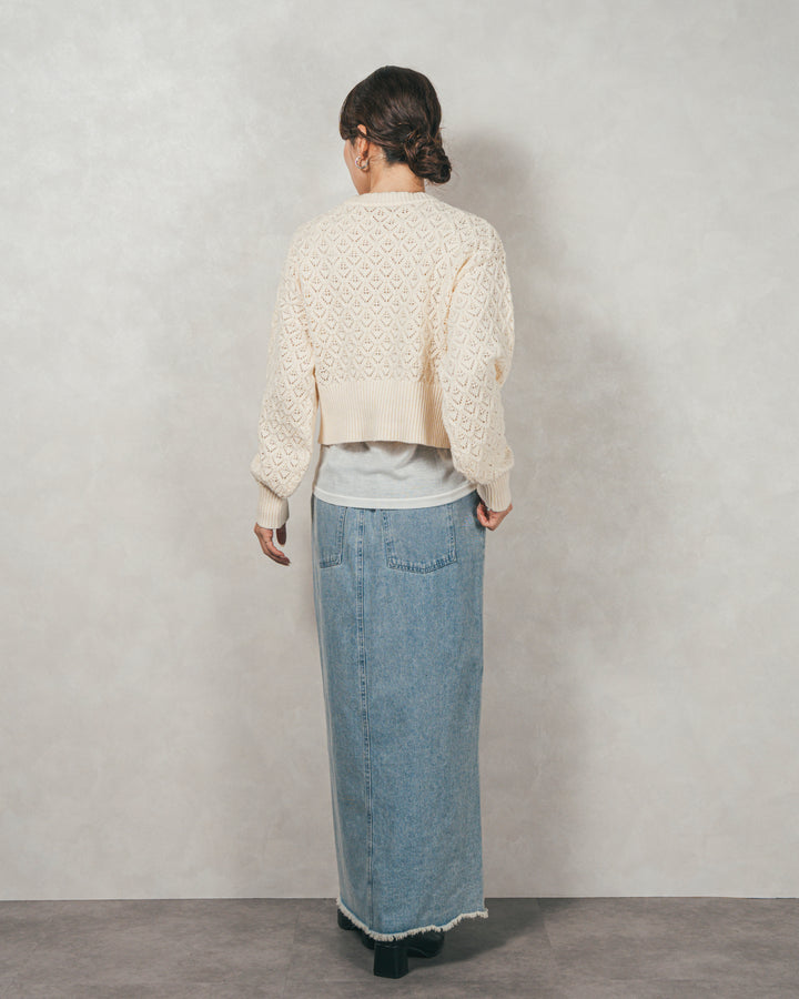 ［SET］透かし編みフロントスリットニット+フロントスリット Iラインデニムスカート（2SET）