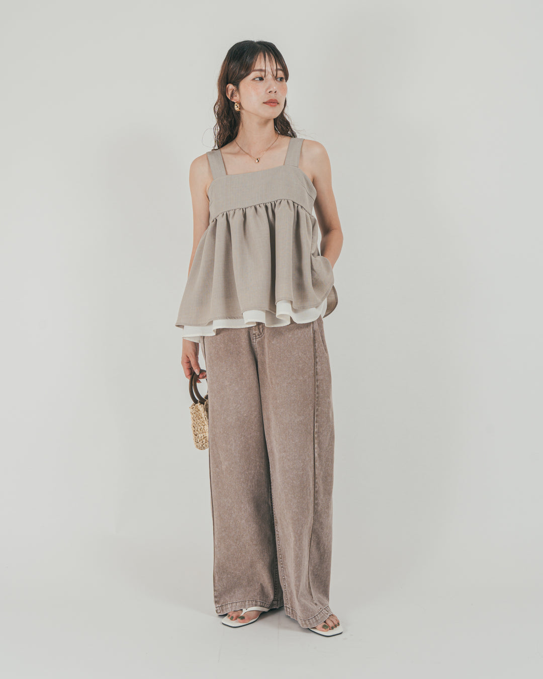 ［SET］スラブTweedバイカラーティアードキャミ + 10oz サイドタック リラックスデニムパンツ（2SET）