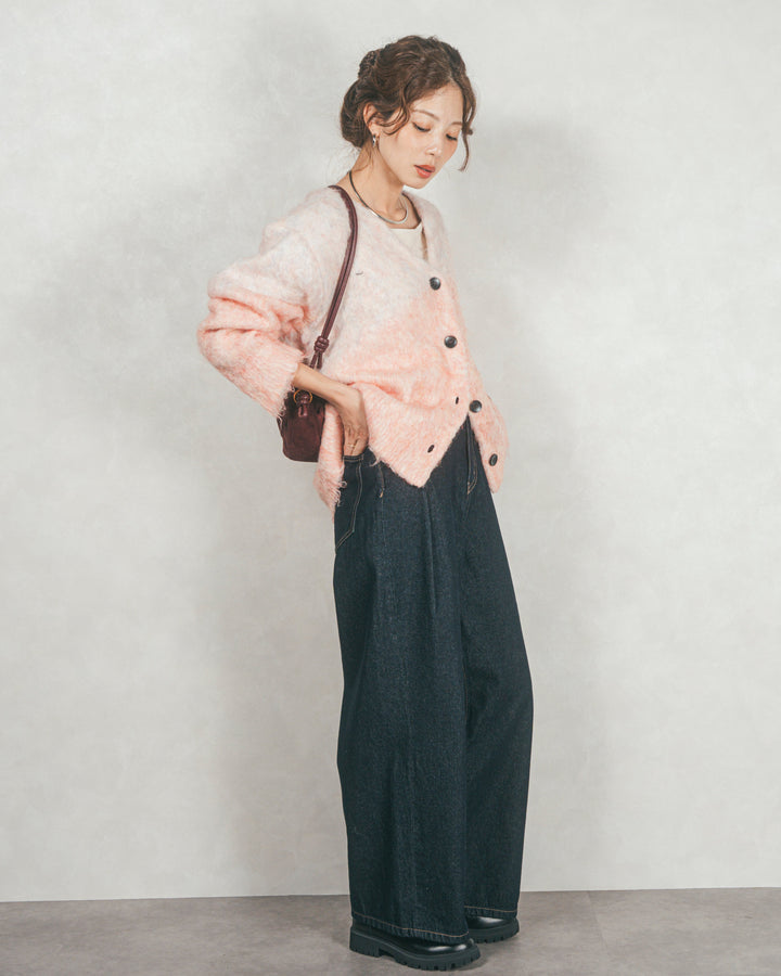 ［SET］Airyフェザー ニットカーディガン+ワイドTuckイージーデニム