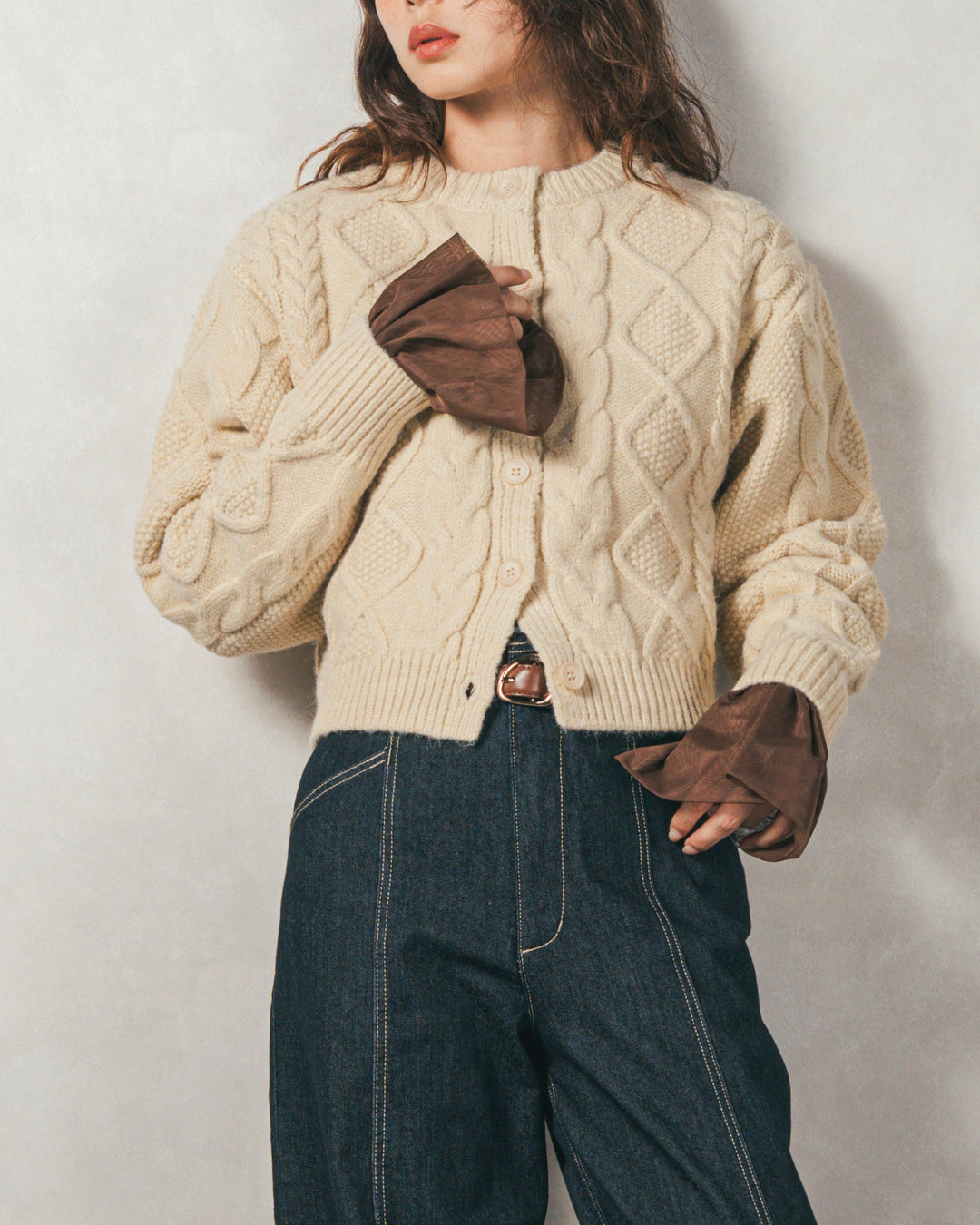 チュールスリーブRibトップス (BROWN)