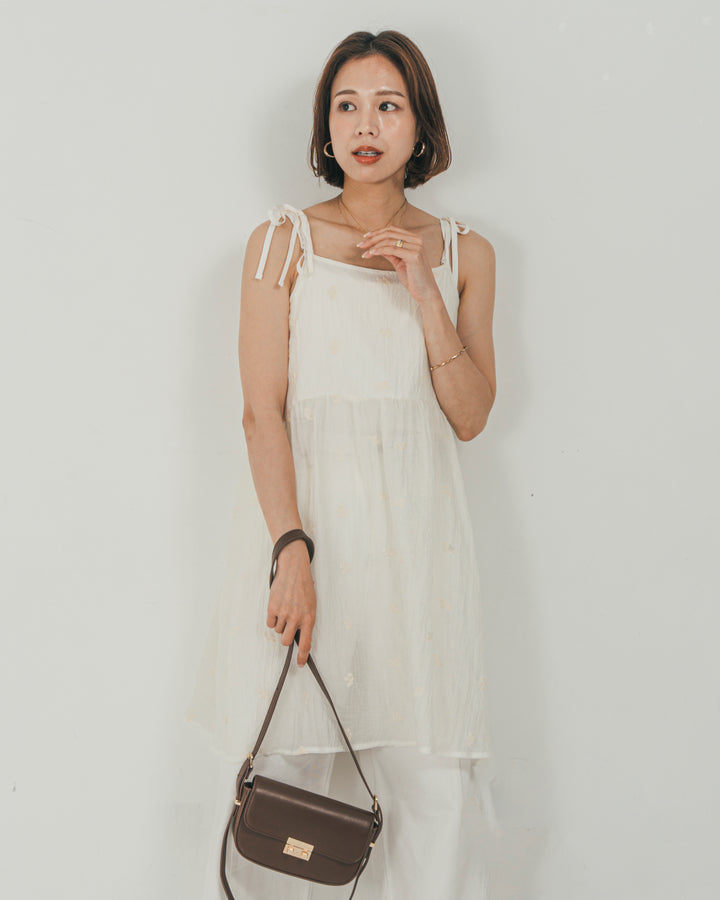 ［SET］ショルダーリボン刺繍Veilキャミ + 刺繍 Veilロングパンツ（2SET）