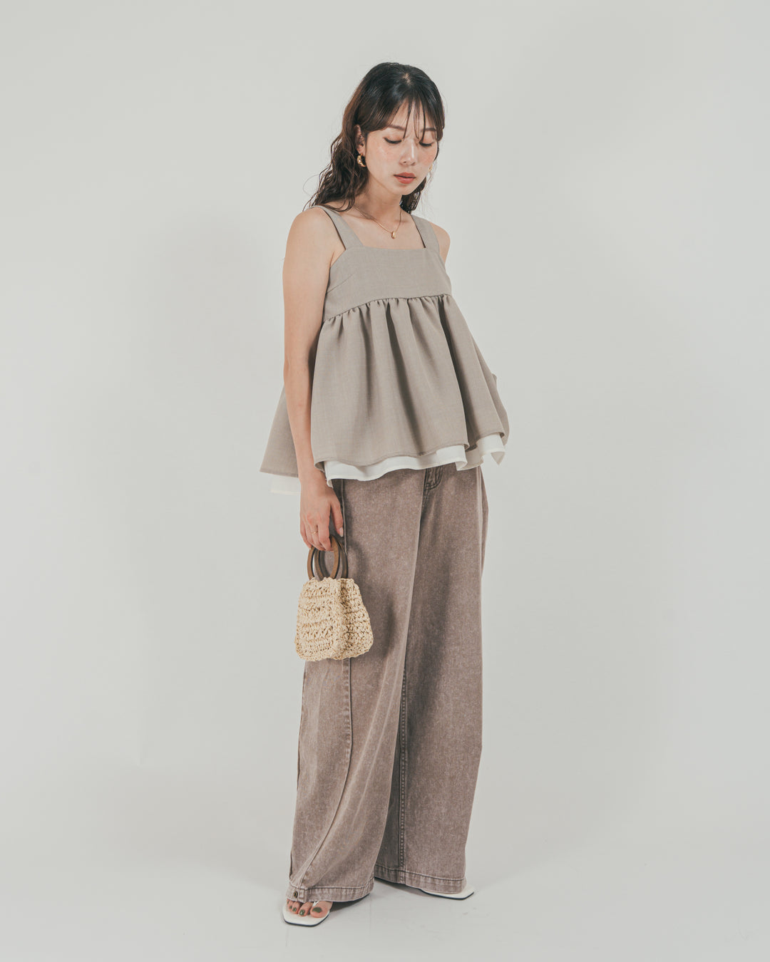 ［SET］スラブTweedバイカラーティアードキャミ + 10oz サイドタック リラックスデニムパンツ（2SET）