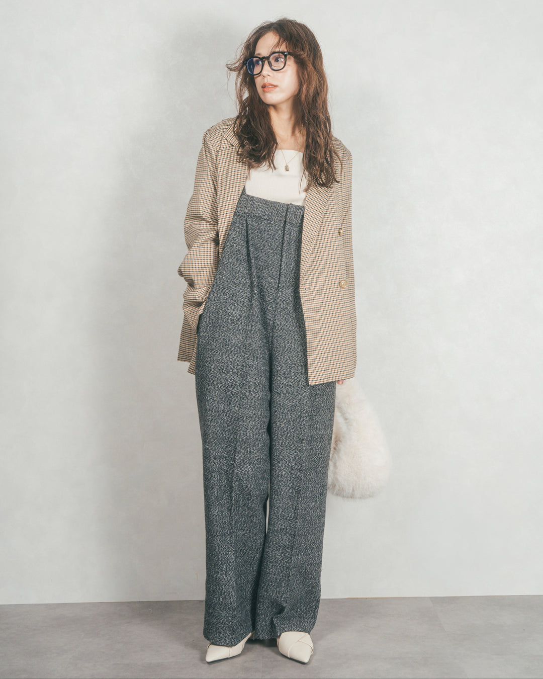 ［SET］Effortless チェックジャケット+Tweedベロアサロペット（2SET）