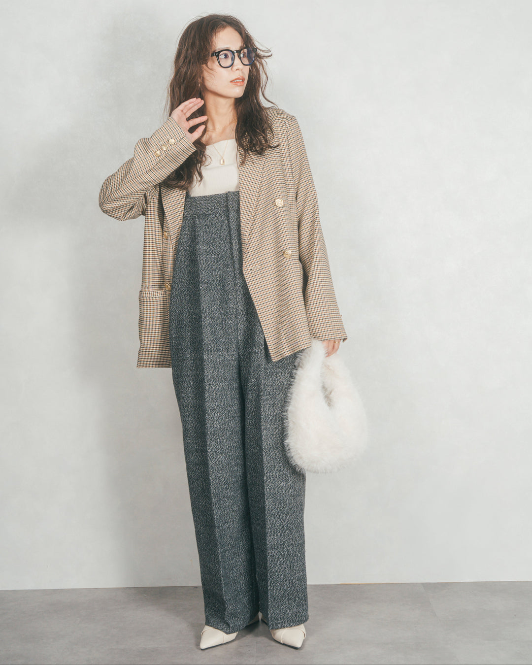 ［SET］Effortless チェックジャケット+Tweedベロアサロペット（2SET）