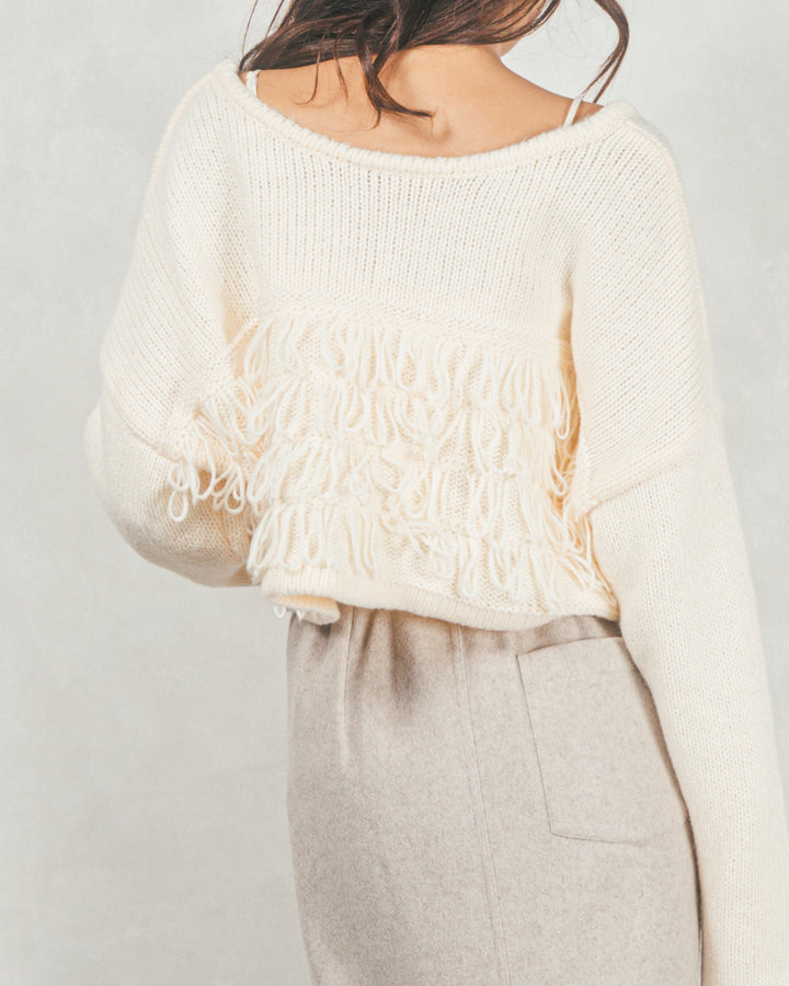 ［SET］ループ編みフリンジカーディガン+ワイドTuckイージーデニム（2SET）