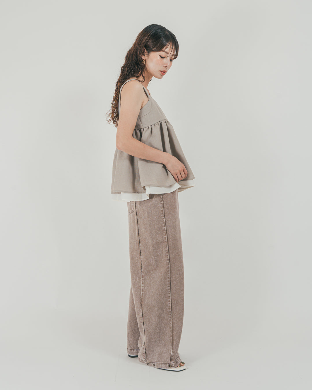 ［SET］スラブTweedバイカラーティアードキャミ + 10oz サイドタック リラックスデニムパンツ（2SET）