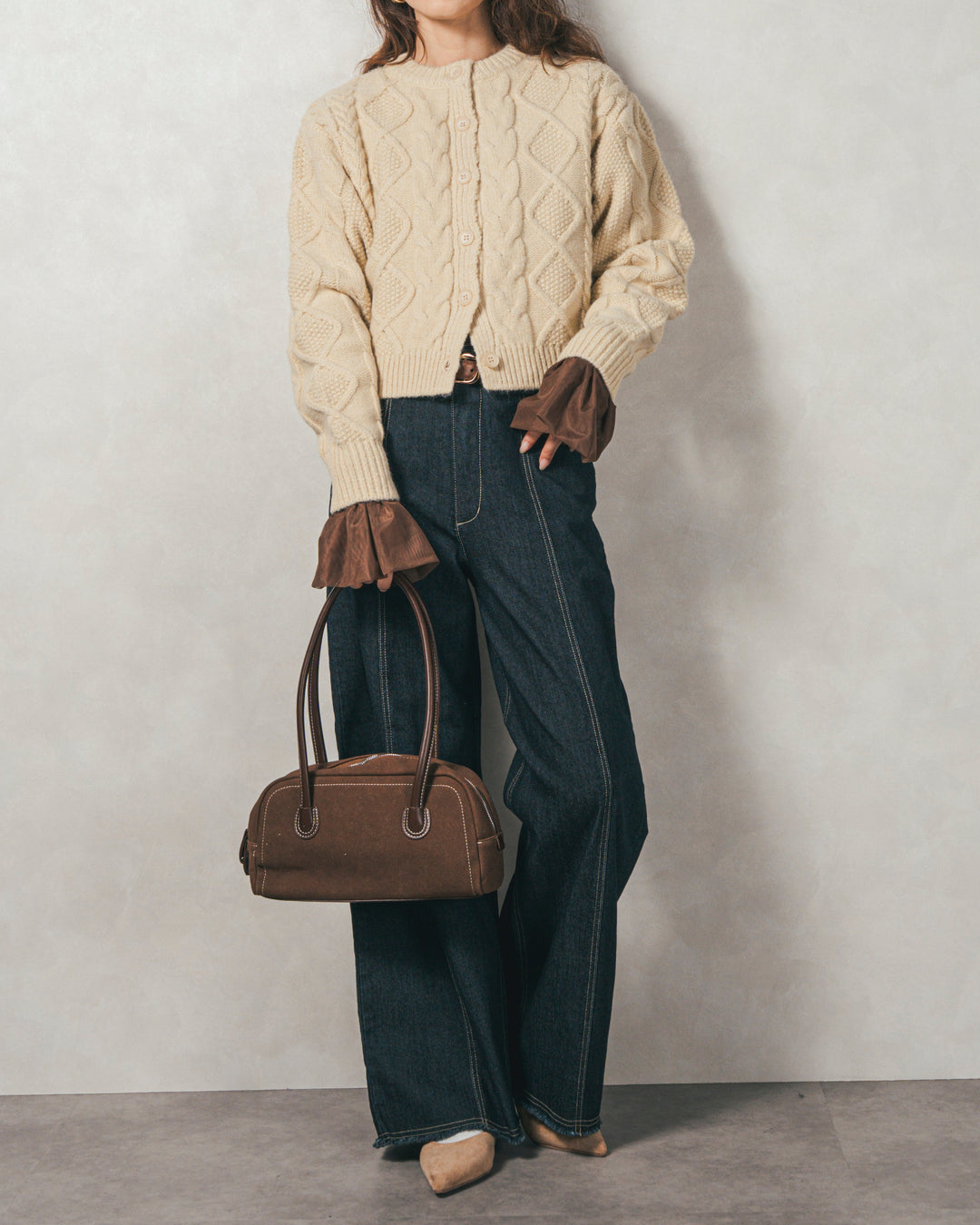 ［SET］ケーブルKnitクルーカーディガン+チュールスリーブRibトップス+センターシーム リラックスカラーデニム（3SET）