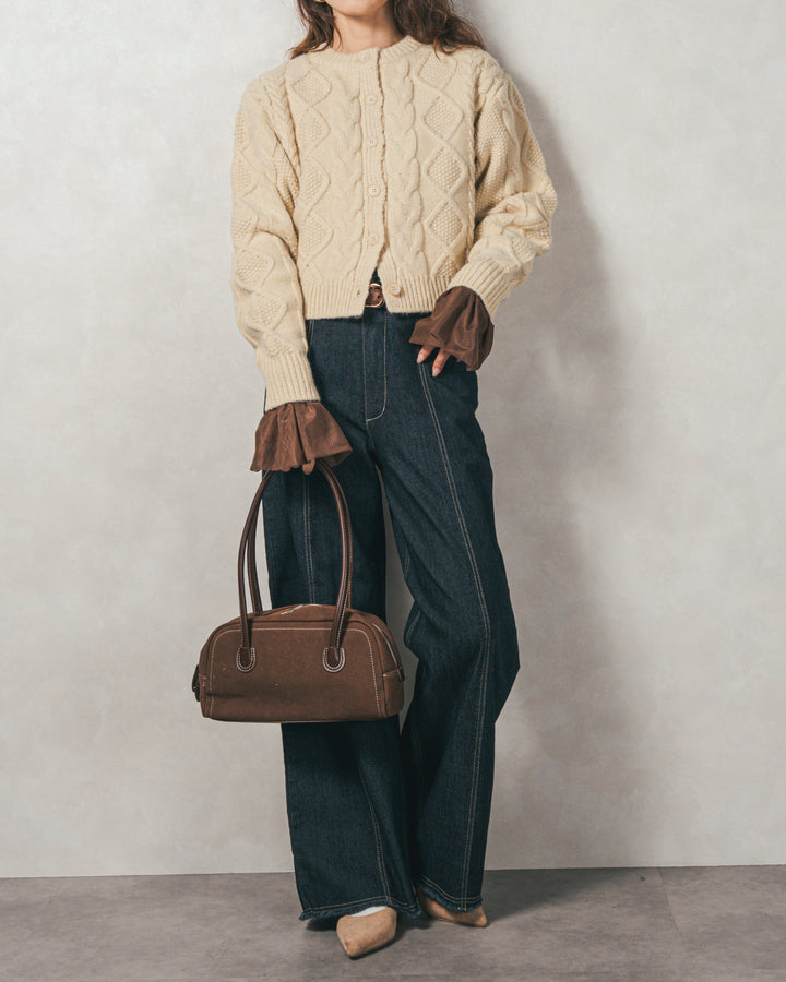 ［SET］ケーブルKnitクルーカーディガン+チュールスリーブRibトップス+センターシーム リラックスカラーデニム（3SET）