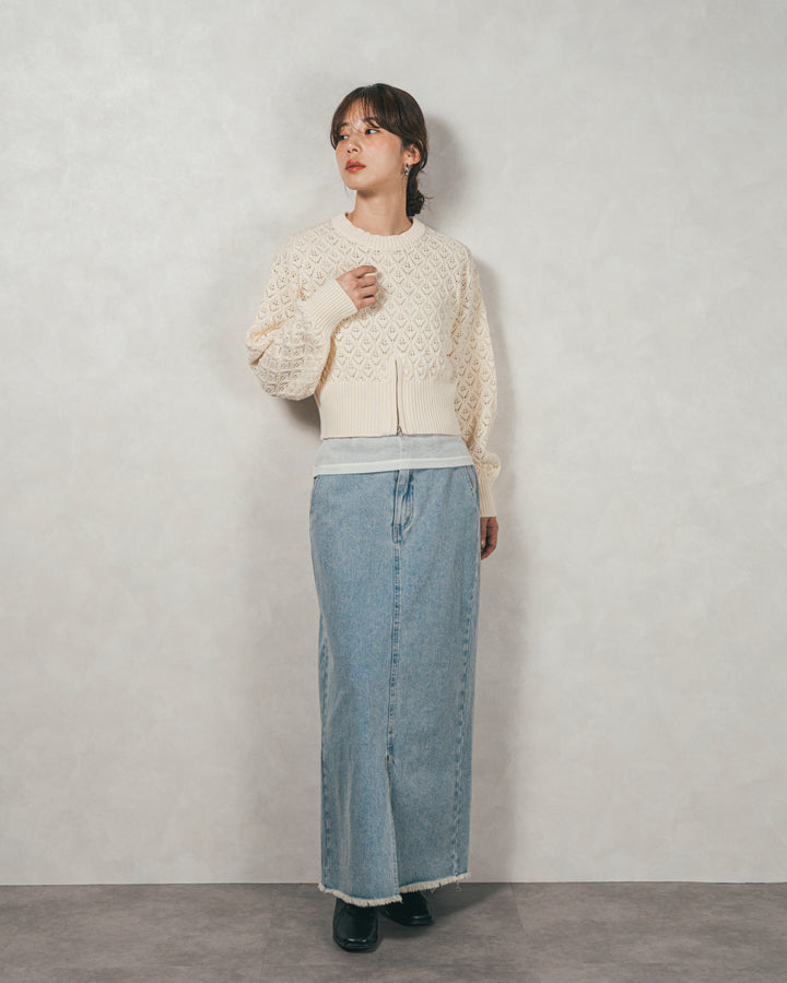［SET］透かし編みフロントスリットニット+フロントスリット Iラインデニムスカート（2SET）