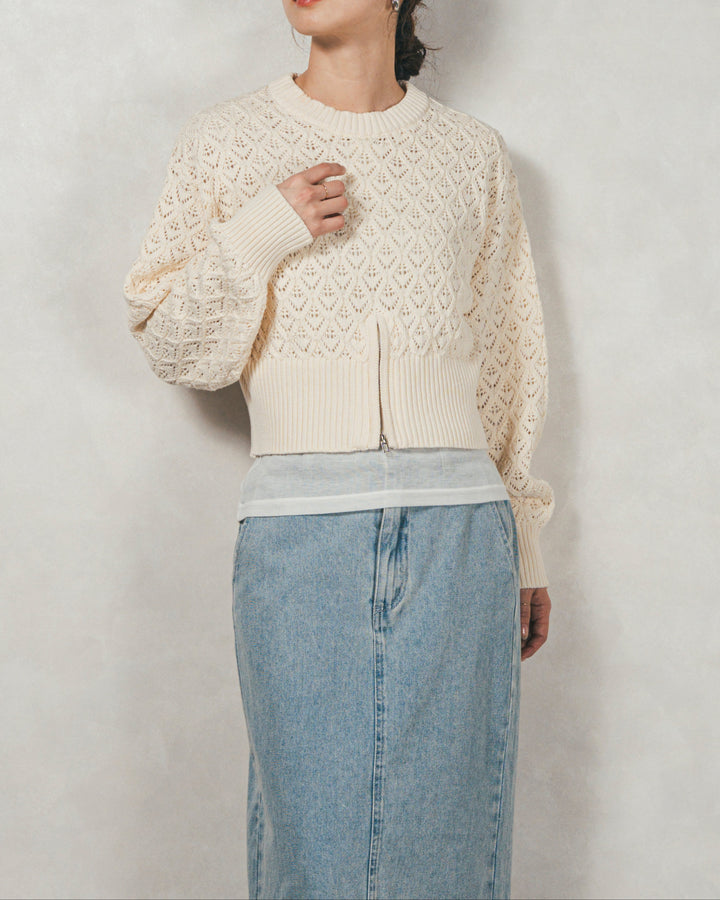 ［SET］透かし編みフロントスリットニット+フロントスリット Iラインデニムスカート（2SET）