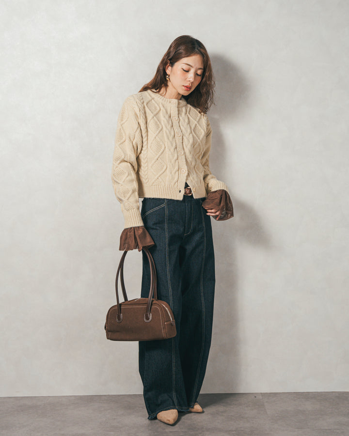 ［SET］ケーブルKnitクルーカーディガン+チュールスリーブRibトップス+センターシーム リラックスカラーデニム（3SET）