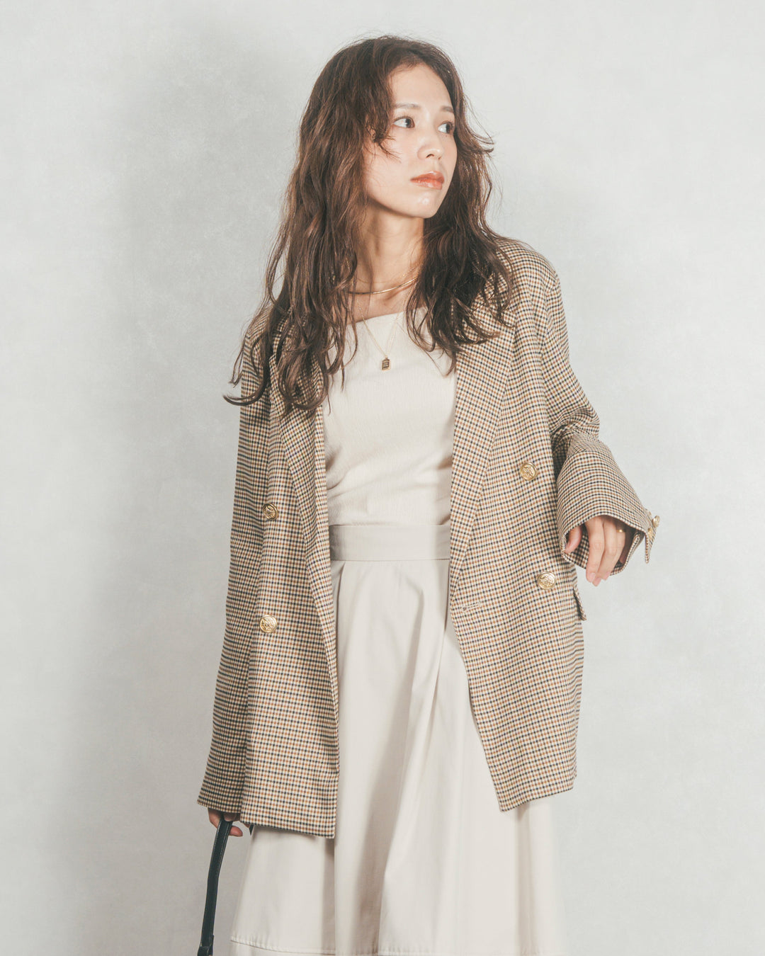 ［SET］Effortless チェックジャケット+コクーンシルエットロングスカート（2SET）