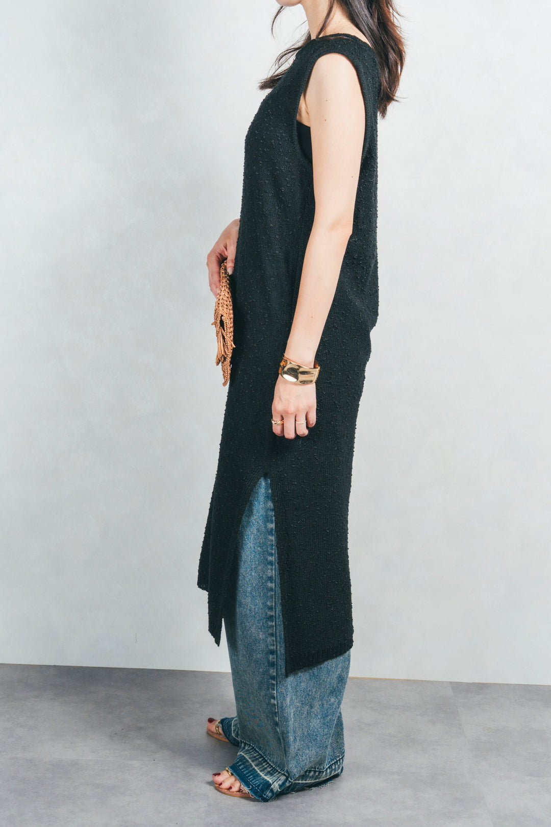 ネップヤーンノースリーブニットワンピ (BLACK)